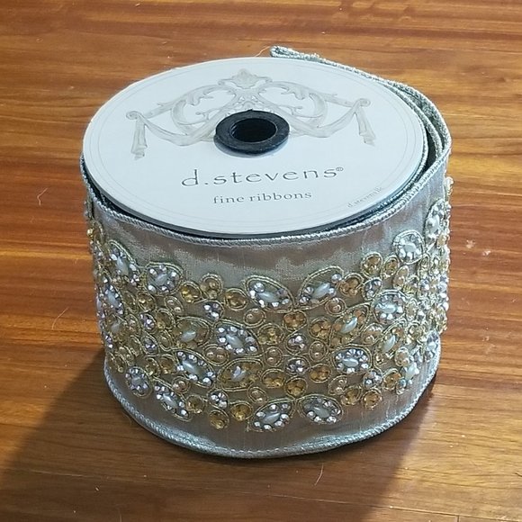 RARE D STEVENS LUXURY 4" ROYAL CHRISTMAS FALL LEAF GOLD JEWEL PEARL WIRED RIBBON - Picture 1 of 7